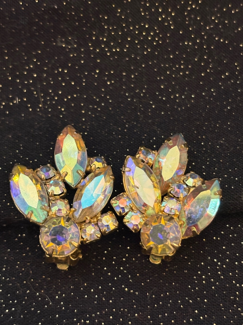 Vintage Iridescent Rhinestone Clip on Earrings